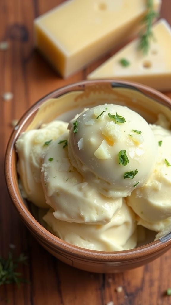 A scoop of parmesan ice cream in a rustic bowl, garnished with parmesan and herbs on a wooden table.